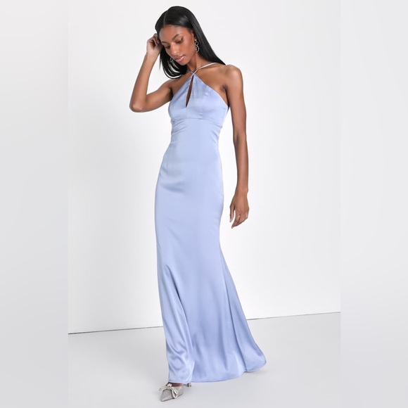 🦋 LULUs Lustrous Love Dusty Blue Satin Halter Cutout Mermaid Maxi Dress. Size XL - Picture 3 of 8
